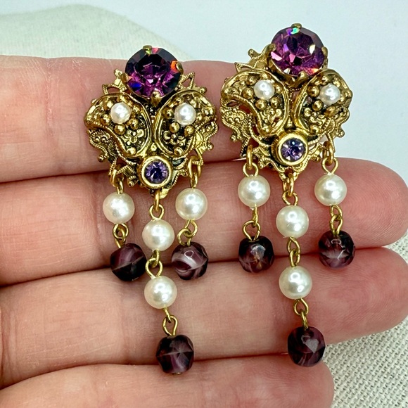 Vintage W Germany Purple Glass Filigree Necklace Earrings Set Parure - Picture 16 of 17